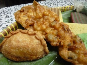 Curry puff and prawn fritter